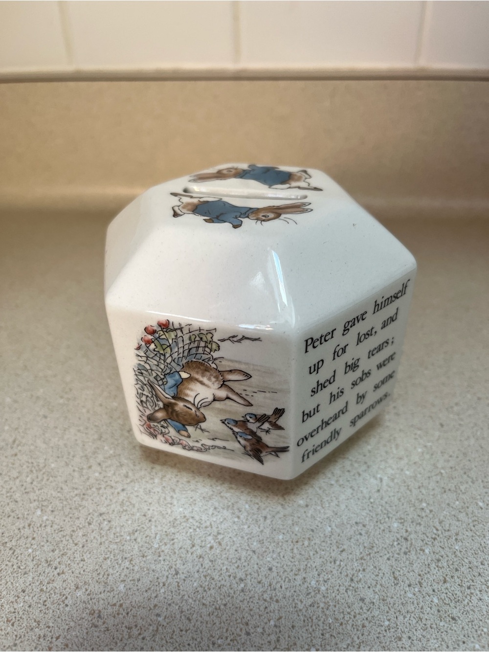 Peter Rabbit Hexagonal Ceramic Bank — White with Blue Accents